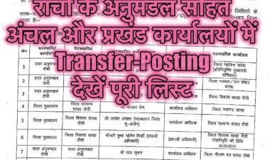 रांची के अनुमंडल सहित अंचल और प्रखंड कार्यालयों में अधिकारियों-कर्मचारियों की हुई फेरबदल, देखें पूरी लिस्ट