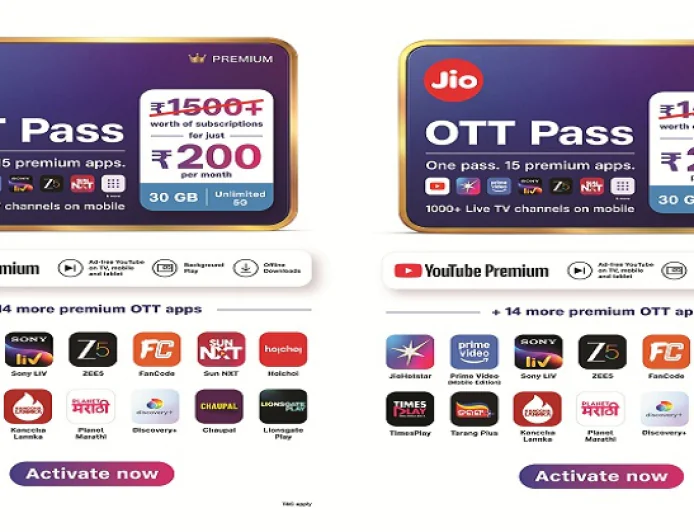 ₹200 में जियो का धमाकेदार OTT पास, 15 OTT ऐप्स, 1000+ टीवी चैनल और 30GB डेटा फ्री