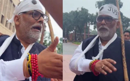 सिर पर पट्‌टी, टूटा हाथ लेकर संसद पहुंचे पप्पू यादव, हाथ में थी लाठी, बोले : बच्चों पर चल रहा AK-47