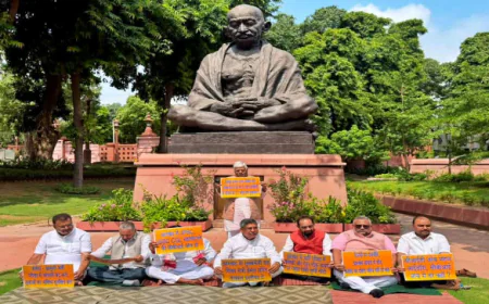 झारखंड के BJP सांसदों का संसद परिसर में मौन प्रदर्शन, झारखंड में भर्ती परीक्षाओं में कथित भ्रष्टाचार का विरोध, CBI जांच की मांग