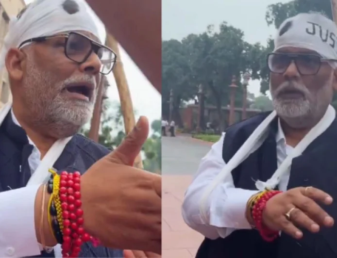 सिर पर पट्‌टी, टूटा हाथ लेकर संसद पहुंचे पप्पू यादव, हाथ में थी लाठी, बोले : बच्चों पर चल रहा AK-47