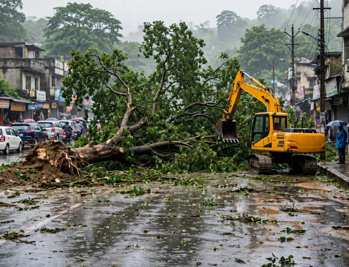 रांची में बारिश के दौरान सड़क पर गिरा पेड़, करीब 45 मिनट तक यातायात प्रभावित