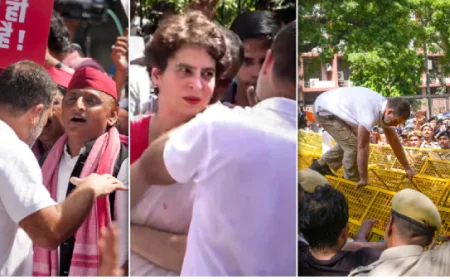 आकाशवाणी भवन परिसर में धरने पर बैठे राहुल-प्रियंका, अखिलेश यादव-अभिषेक बनर्जी समेत कई नेता हिरासत में