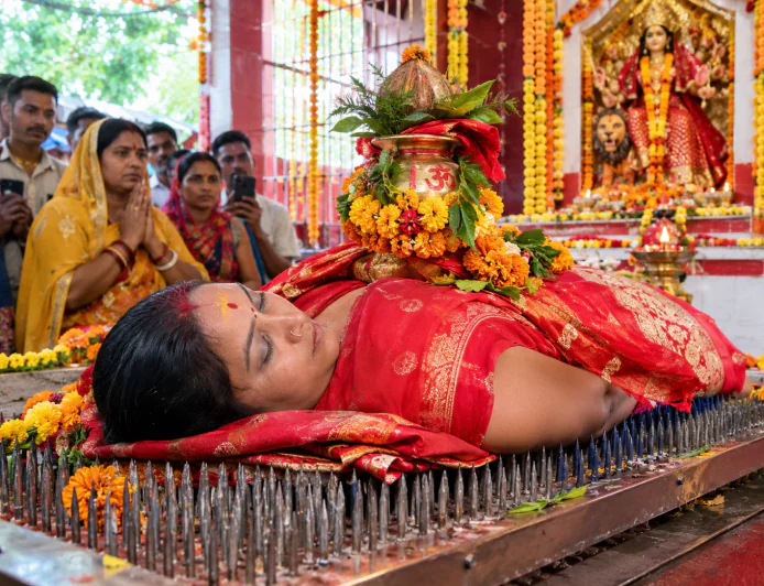 समस्तीपुर: सैकड़ों कीलों पर लेटकर सीने पर कलश रख मां दुर्गा की आराधना कर रहीं मधु माला