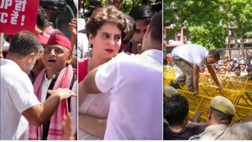 आकाशवाणी भवन परिसर में धरने पर बैठे राहुल-प्रियंका, अखिलेश यादव-अभिषेक बनर्जी समेत कई नेता हिरासत में