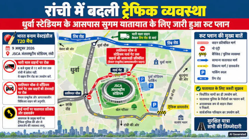 भारत-वेस्टइंडीज टी-20 से पहले रांची में ट्रैफिक-पार्किंग प्लान जारी, JSCA स्टेडियम जाने से पहले जान लें रूट और पार्किंग व्यवस्था