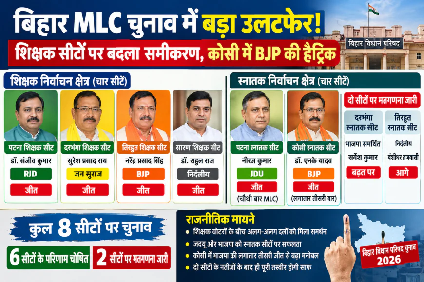 बिहार MLC चुनाव में बड़ा उलटफेर! पटना में RJD की जीत, दरभंगा में जन सुराज का जलवा; कोसी में BJP की हैट्रिक